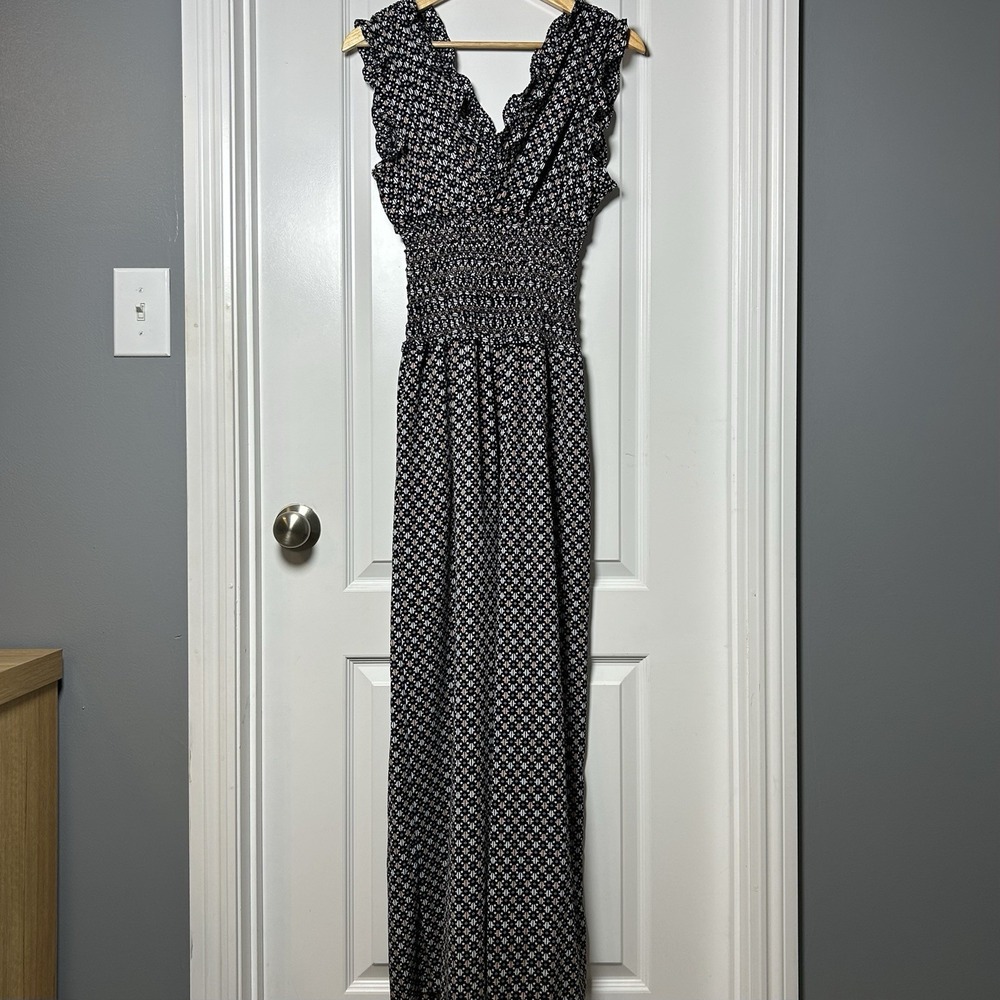 Max Studio Black Geometric Print Wide Leg Smocked Waist Ruffle Trim Jumpsuit